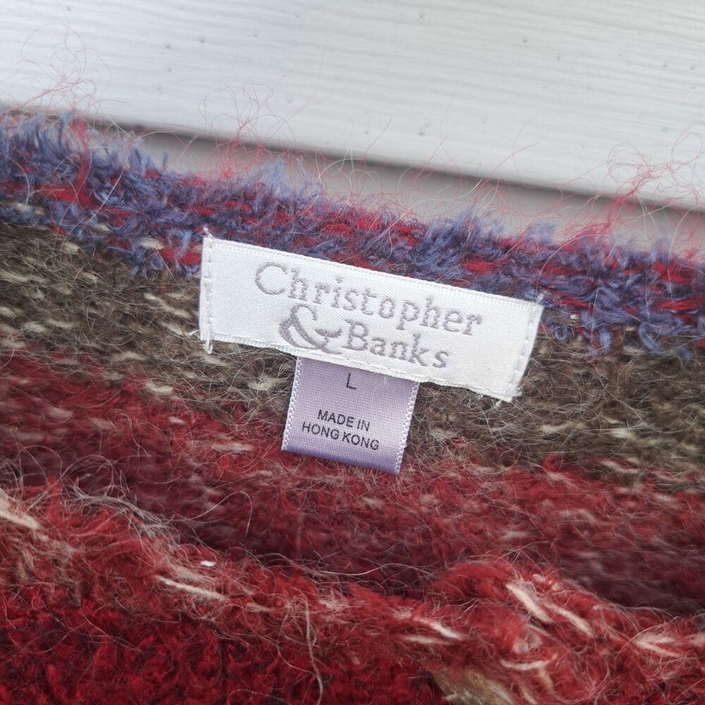 Christopher & Banks Striped Fuzzy Cardigan Sweater Womens Large Mohair Blend Red - Picture 3 of 9